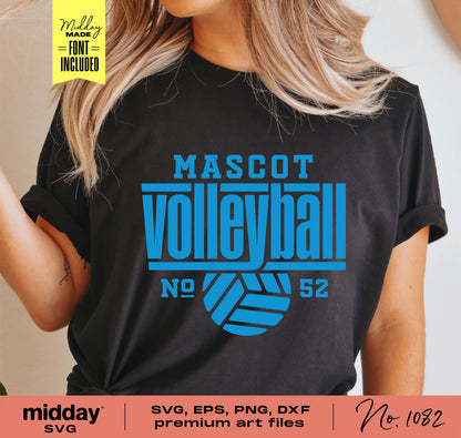 Woman wearing black shirt with blue 'Mascot Volleyball No 52' design, showcasing SVG Cricut cut file for volleyball team template.