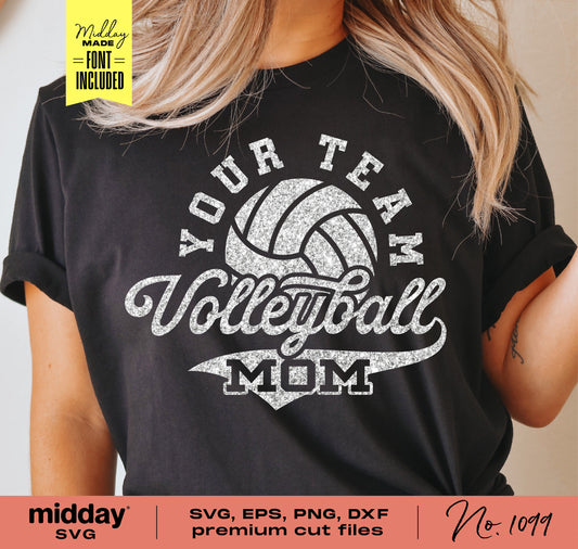 Volleyball Mom shirt design with SVG, PNG, DXF files for Cricut and Silhouette featuring glitter volleyball graphic and text.