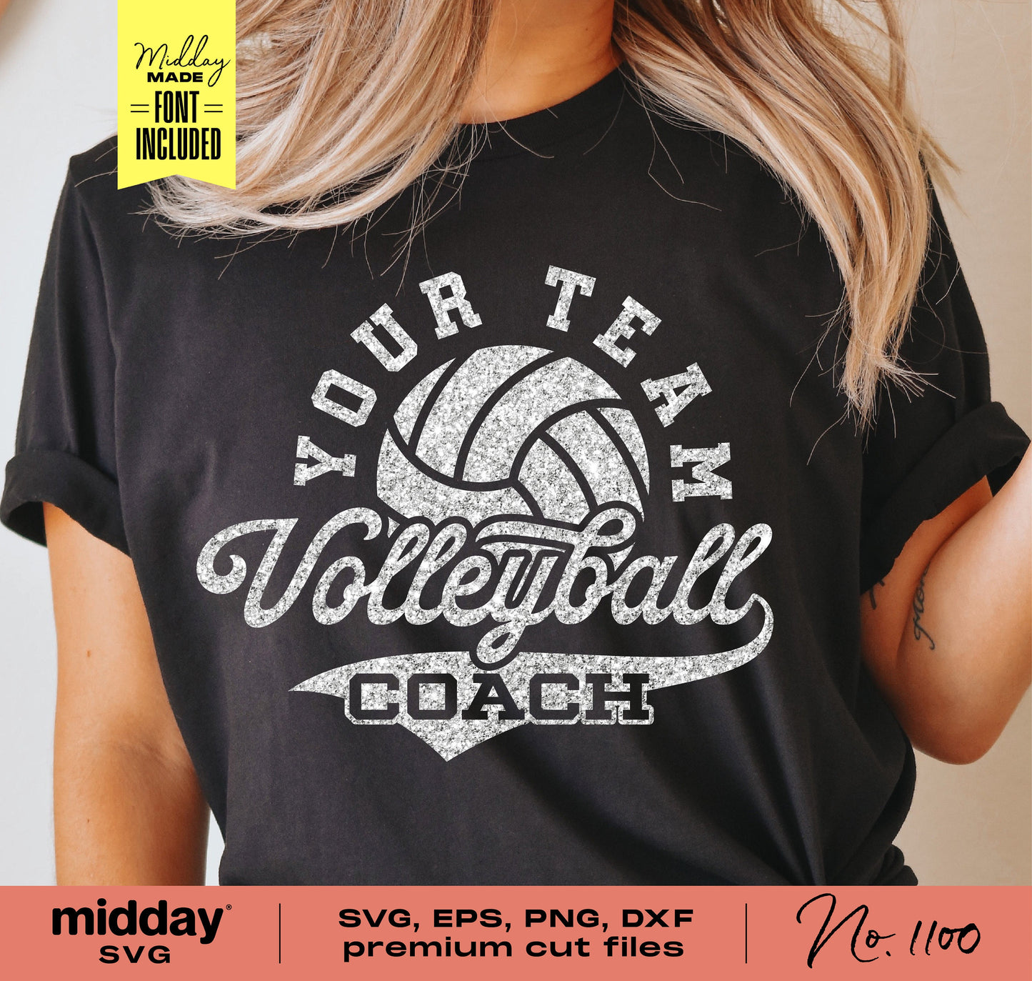 Black t-shirt featuring a glittery volleyball design with 'Your Team Volleyball Coach' text, ideal for Cricut craft projects.