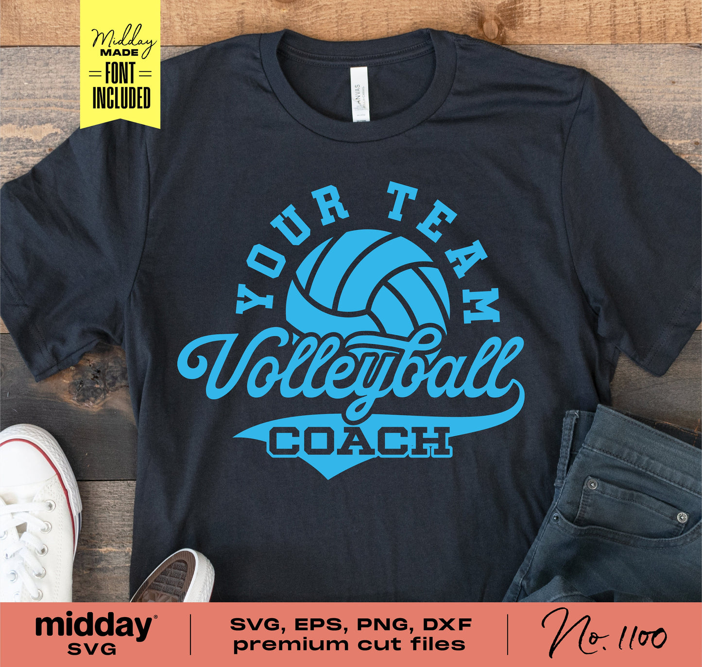 Black t-shirt with blue volleyball coach design, surrounded by Cricut cut file package details for SVG, PNG, DXF, and EPS formats.