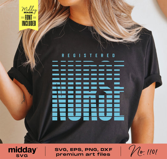 Woman wearing black t-shirt with modern 'Registered Nurse' design in blue for SVG, PNG, EPS, DXF files, suitable for Cricut projects.