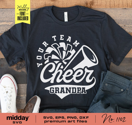 Black t-shirt with 'Your Team Cheer Grandpa' design, SVG, EPS, PNG, DXF files, ideal for Cricut, Silhouette projects, includes font.
