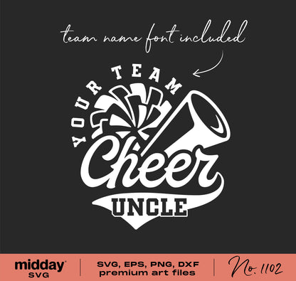 Cheer Uncle SVG design with megaphone and pompom, includes team name font for DIY shirt crafting projects.