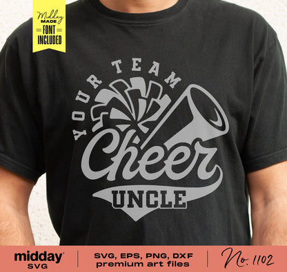 Black t-shirt with 'Cheer Uncle' design, featuring cheer megaphone and pom-poms, for Cricut, Silhouette DIY projects, SVG, PNG formats.
