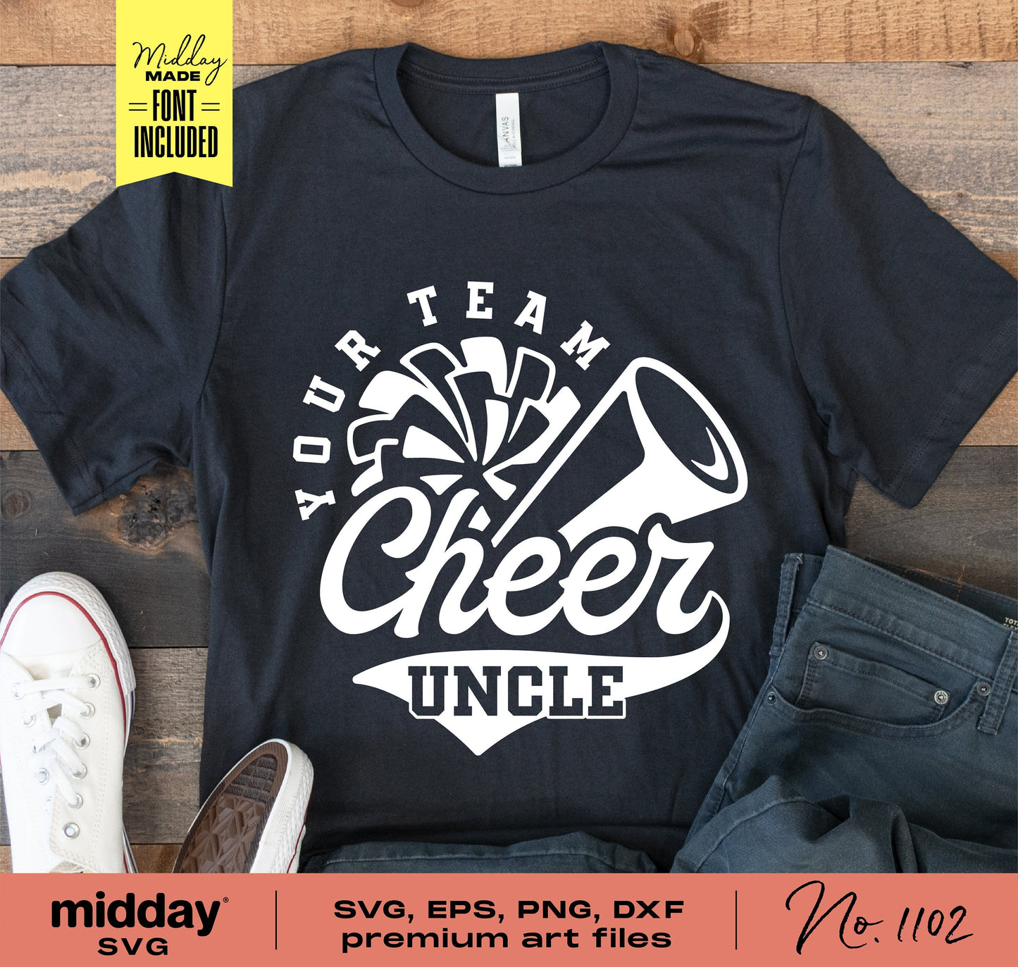 Black t-shirt with 'Your Team Cheer Uncle' design, accompanied by shoes and jeans, perfect for family cheer events. Includes SVG, EPS, PNG, DXF files.