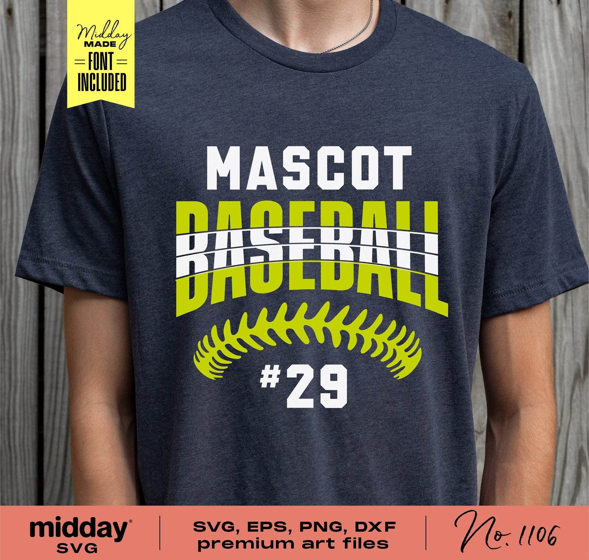 Customizable baseball team shirt design with "Mascot Baseball #29" text, suitable for Cricut crafting, includes SVG, EPS, PNG, and DXF files.