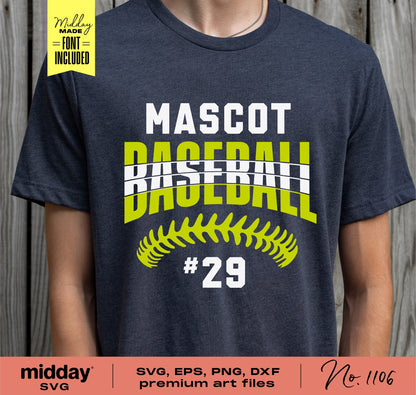 Customizable baseball team shirt design with "Mascot Baseball #29" text, suitable for Cricut crafting, includes SVG, EPS, PNG, and DXF files.