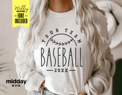 Woman wearing a baseball team shirt design template with customizable text, perfect for Cricut and sublimation projects.