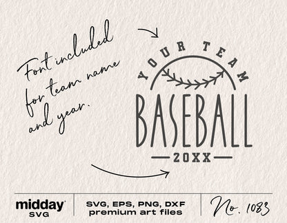 DIY Baseball Team Template with customizable design for shirts in SVG, PNG, DXF, EPS formats; font included for team personalization.