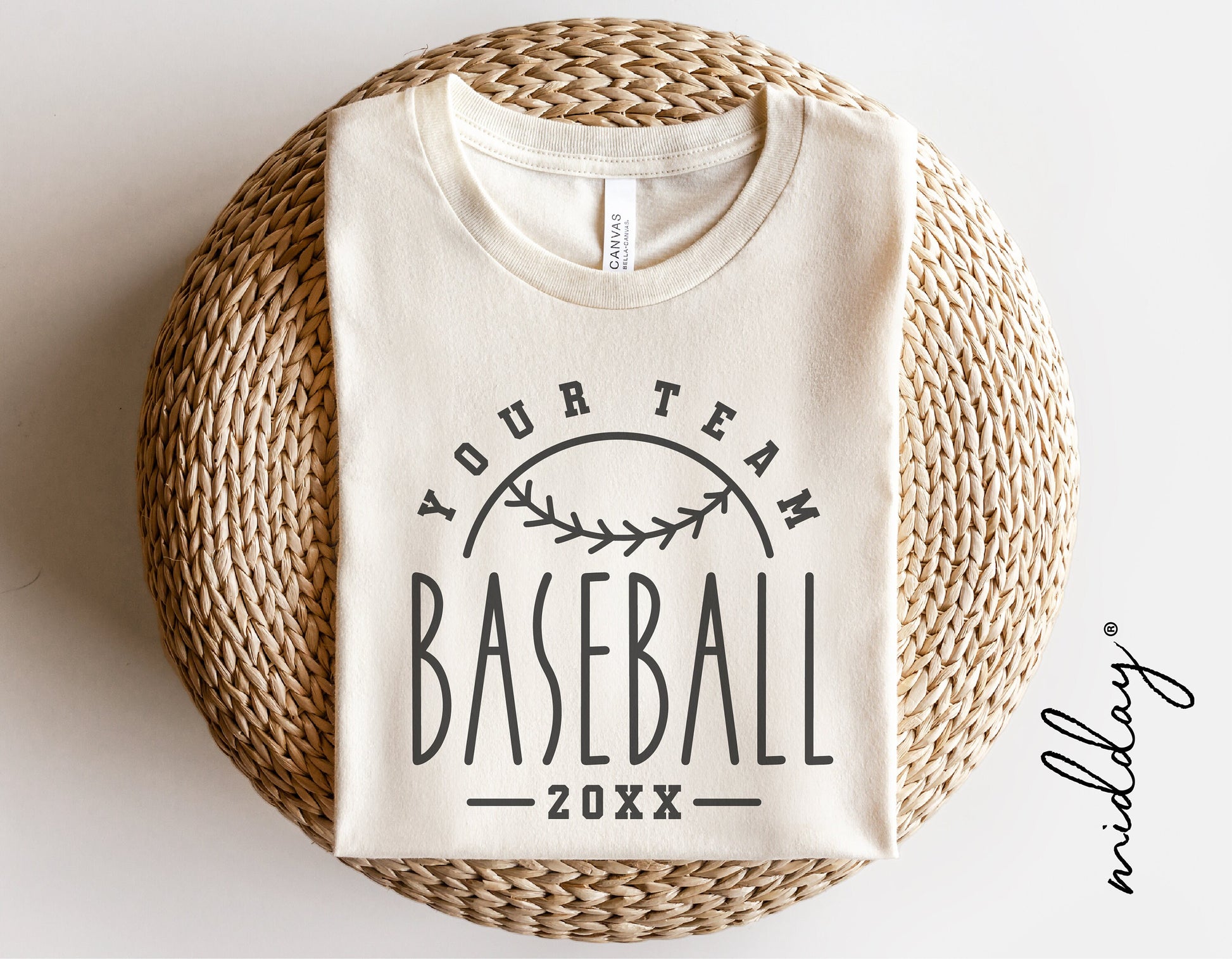 Customizable baseball team shirt template perfect for Cricut projects with "Your Team Baseball 20XX" design for DIY enthusiasts.