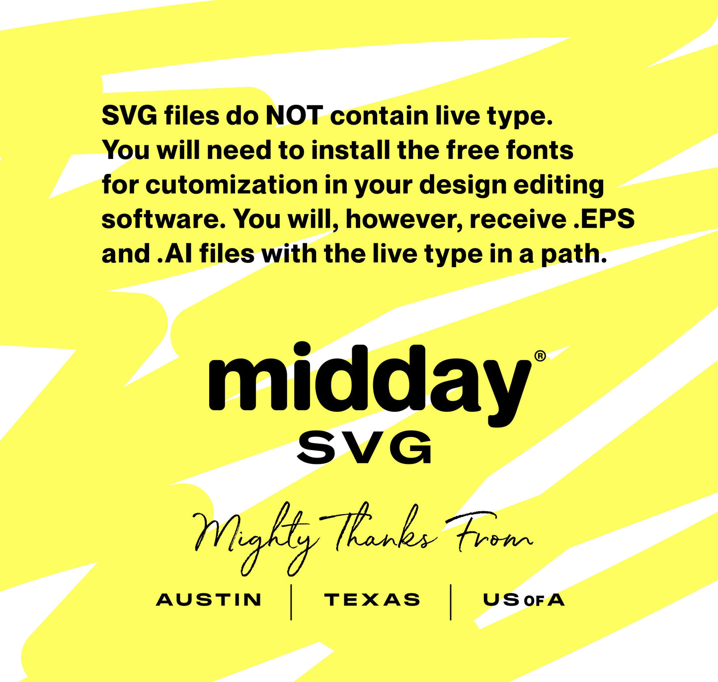 Promotional graphic for Midday SVG with information on font installation and file types, including EPS and AI files. Austin, Texas, USA.