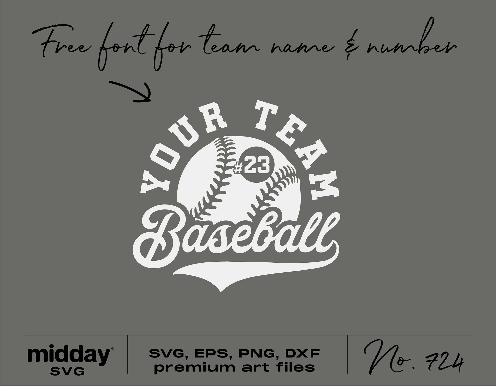 Customizable baseball team logo SVG template for shirts and tumblers, includes free font for team name and number, DIY design file.