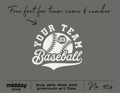 Customizable baseball team logo SVG template for shirts and tumblers, includes free font for team name and number, DIY design file.