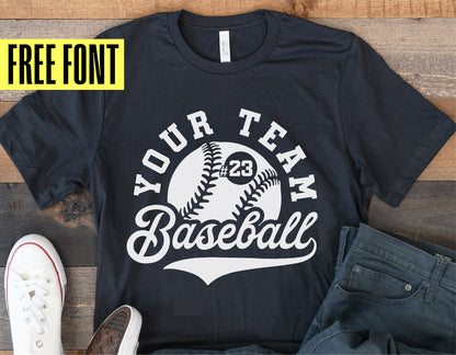 Customizable baseball team shirt with free font, featuring baseball graphics; perfect for Cricut, silhouette, and sublimation projects.