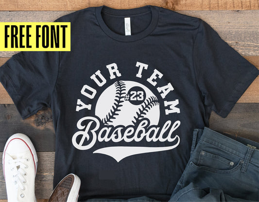 Customizable baseball team shirt with free font, featuring baseball graphics; perfect for Cricut, silhouette, and sublimation projects.