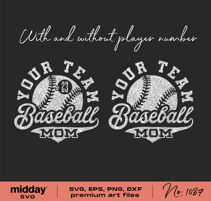 Baseball Mom SVG design with customizable player number, includes text 'Your Team Baseball Mom' on dark background. SVG, EPS, PNG, DXF formats.