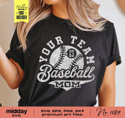 Woman wearing a black 'Your Team Baseball Mom' shirt with glittery text, showcasing a DIY design for Cricut and Silhouette users.