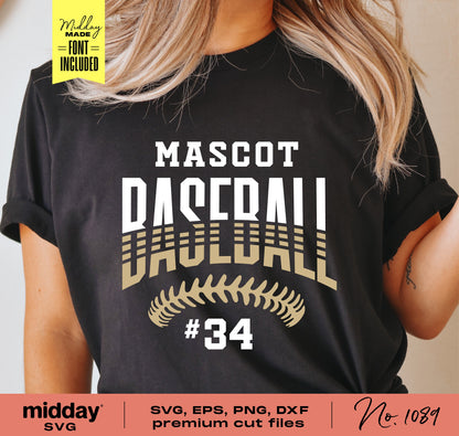 Black t-shirt featuring 'Mascot Baseball' design with #34 and baseball seam graphic. Available as SVG, EPS, PNG, DXF for Cricut and Silhouette.