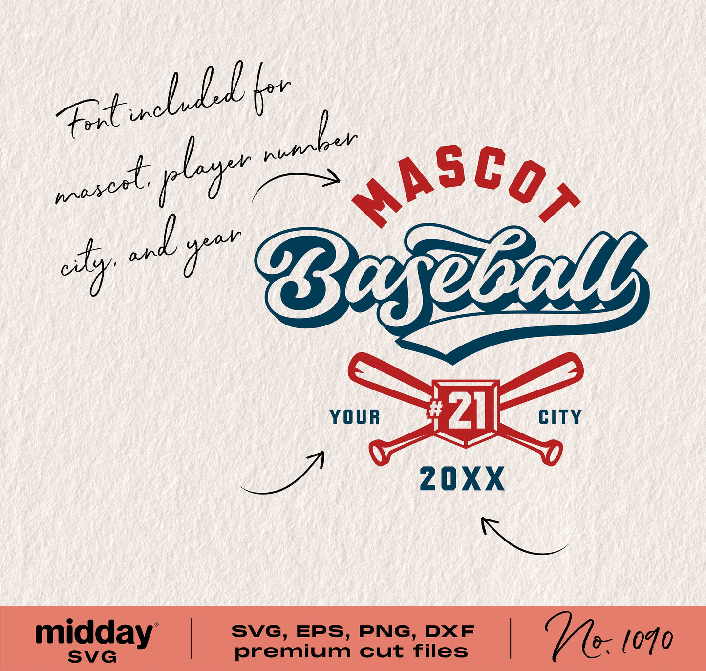 Baseball team shirt SVG design with customizable mascot, player number, city, and year. Includes premium cut files for Cricut and Silhouette.