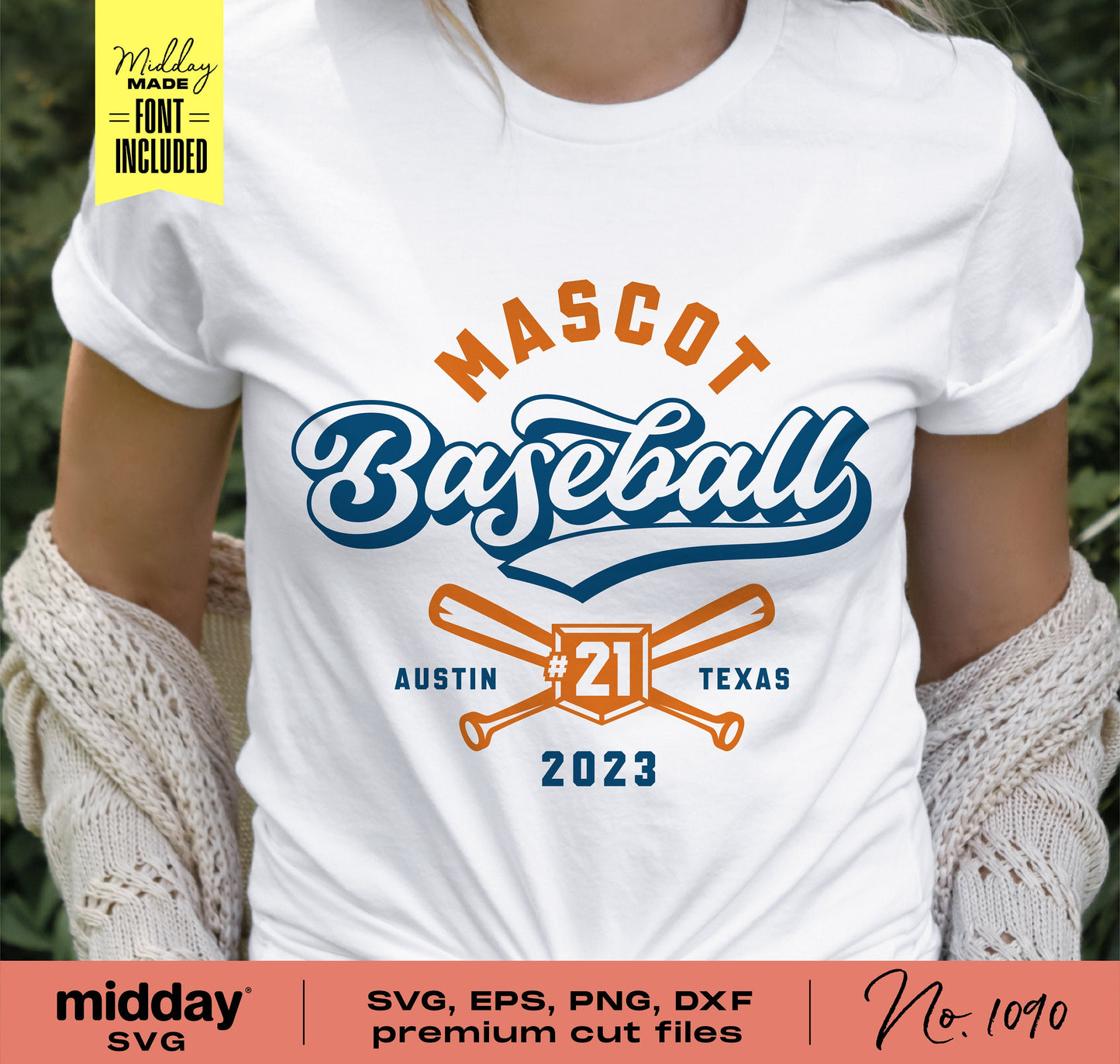Woman wearing custom "Mascot Baseball" shirt featuring SVG cut file design with bats, numbers, and location for DIY Cricut projects.