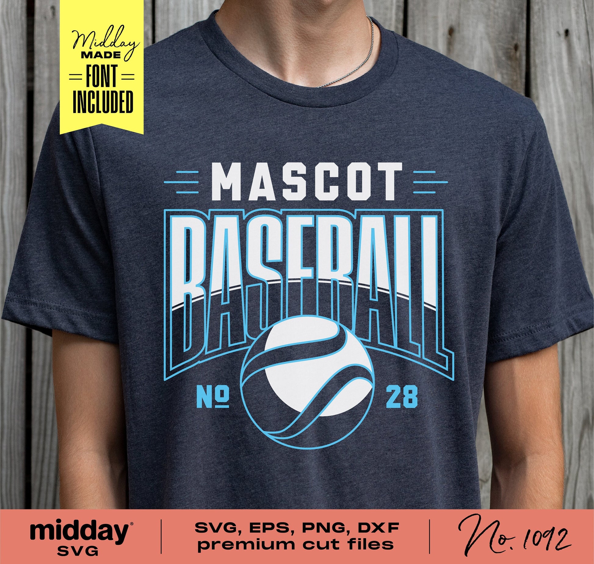 Baseball shirt with 'Mascot Baseball' design, includes SVG, PNG, DXF, EPS cut files for Cricut, Silhouette users.