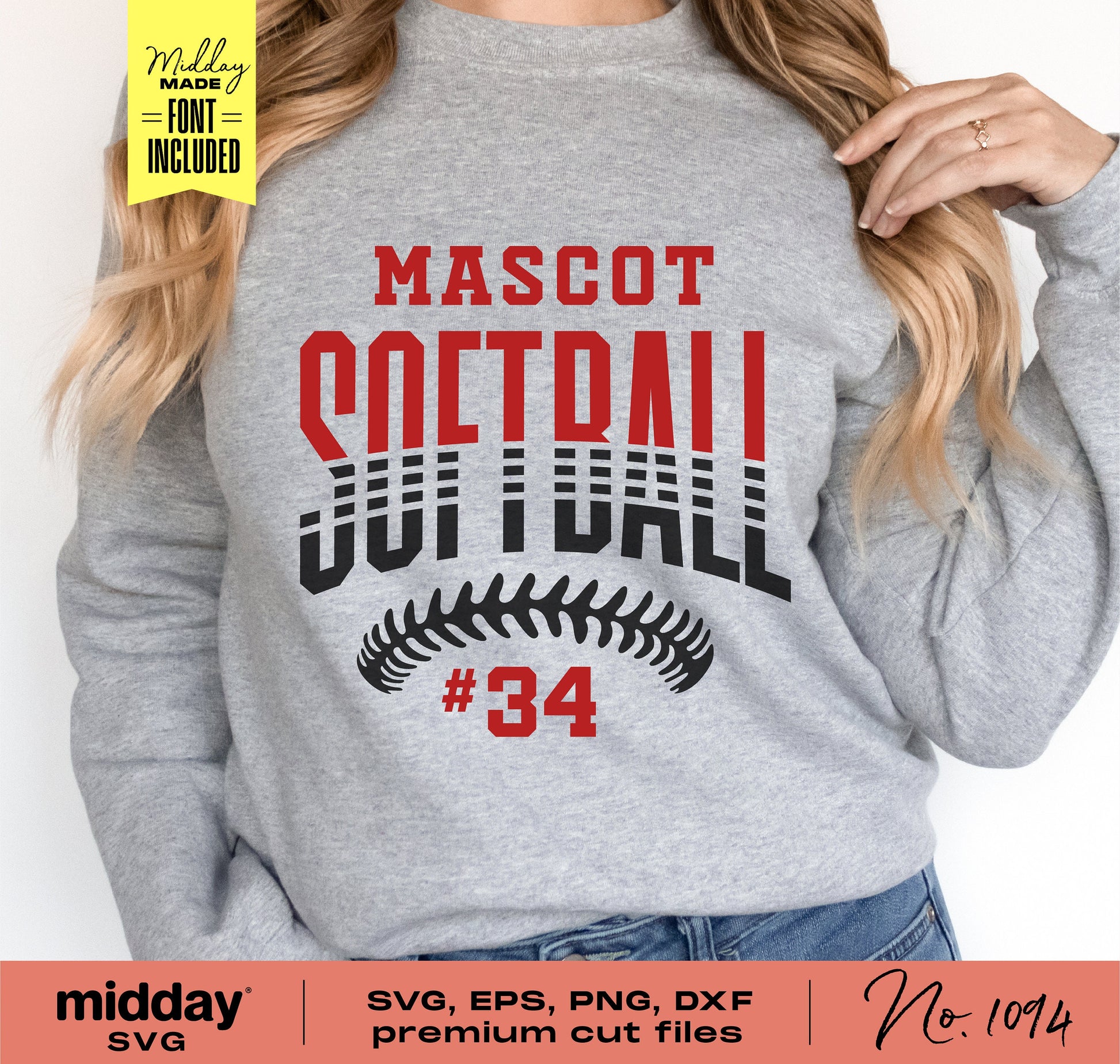 Gray sweatshirt with "Mascot Softball #34" design, available as SVG, PNG, EPS, DXF for Cricut and Silhouette crafting.
