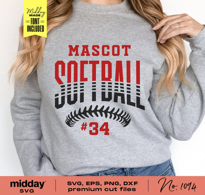 Gray sweatshirt with "Mascot Softball #34" design, available as SVG, PNG, EPS, DXF for Cricut and Silhouette crafting.
