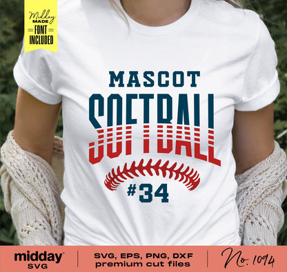 Softball player wearing a white shirt with 'Mascot Softball #34' design, available as SVG, EPS, PNG, DXF cut files