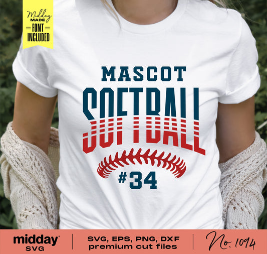Softball player wearing a white shirt with 'Mascot Softball #34' design, available as SVG, EPS, PNG, DXF cut files