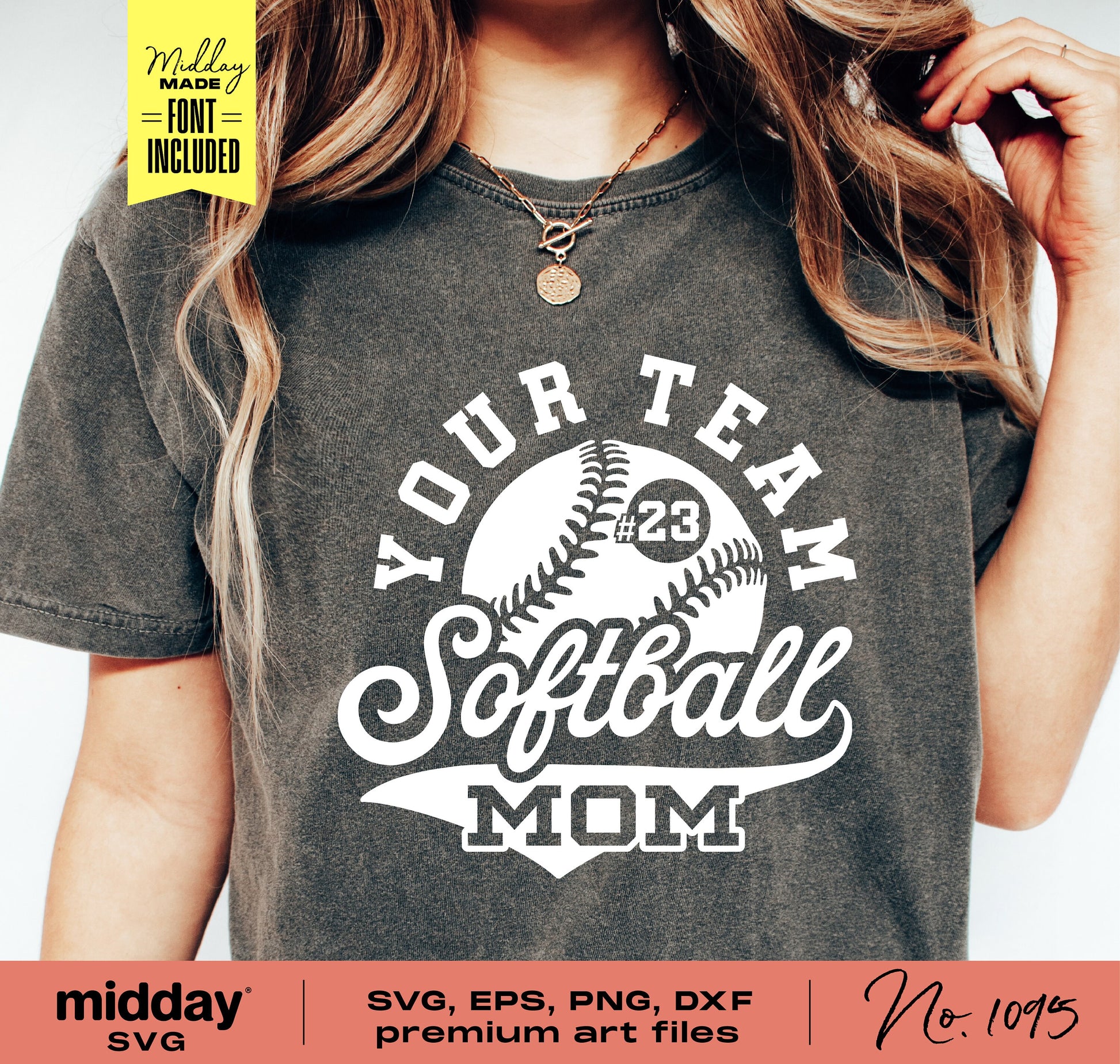 Softball Mom SVG design on a sweatshirt, ideal for DIY Cricut and Silhouette projects, featuring customizable font included.