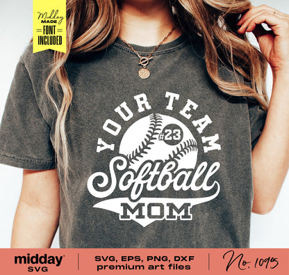 Softball Mom SVG design on a sweatshirt, ideal for DIY Cricut and Silhouette projects, featuring customizable font included.