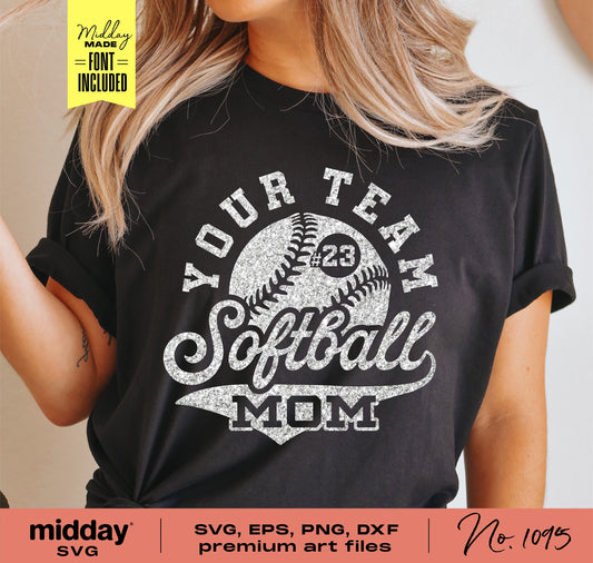 Black t-shirt featuring 'Softball Mom' design with customizable team option, ideal for Cricut, Silhouette, and sublimation projects.