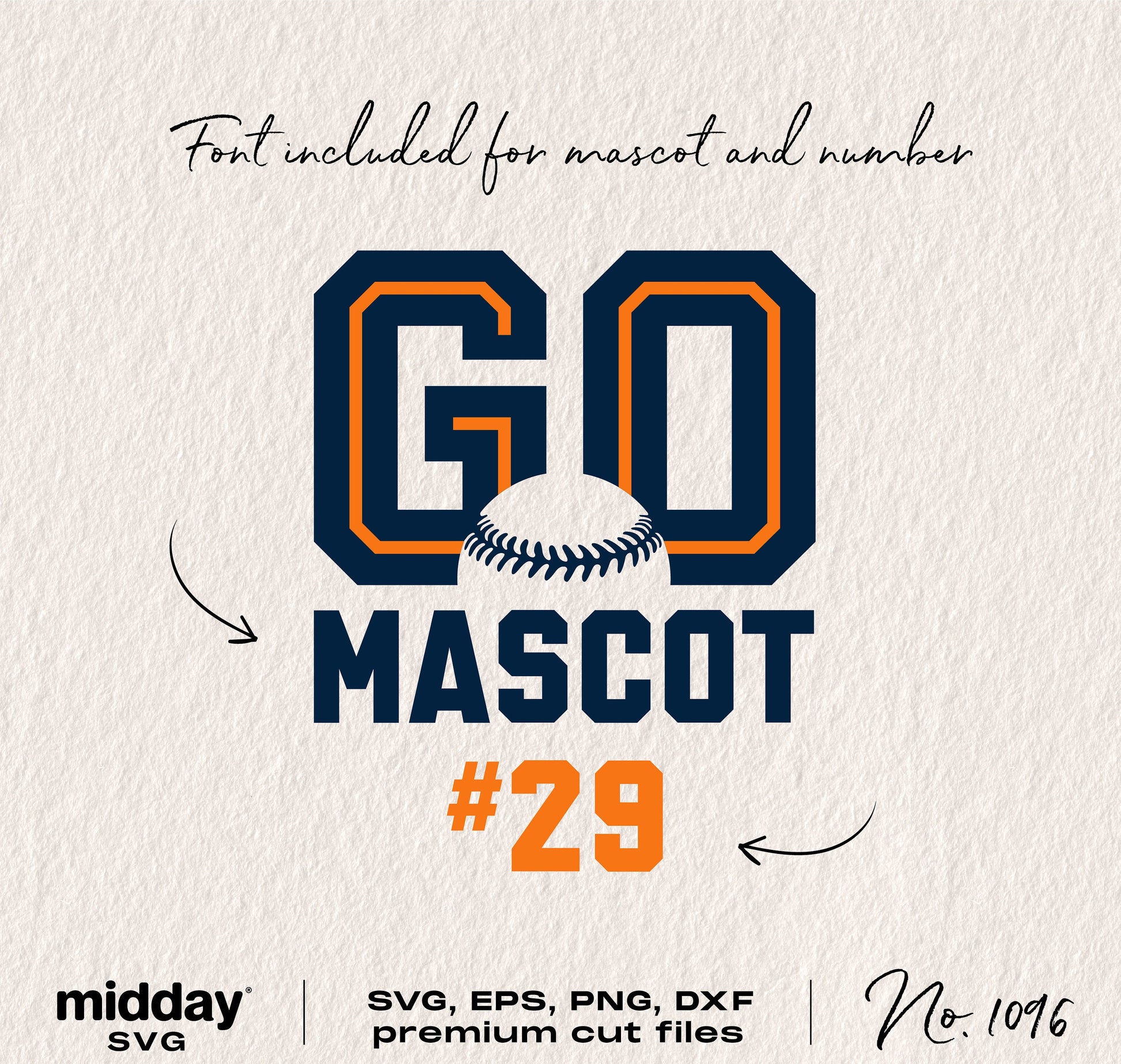 "Go Mascot #29" baseball design for team shirts, includes SVG, EPS, PNG, DXF files, with font for mascot and number.