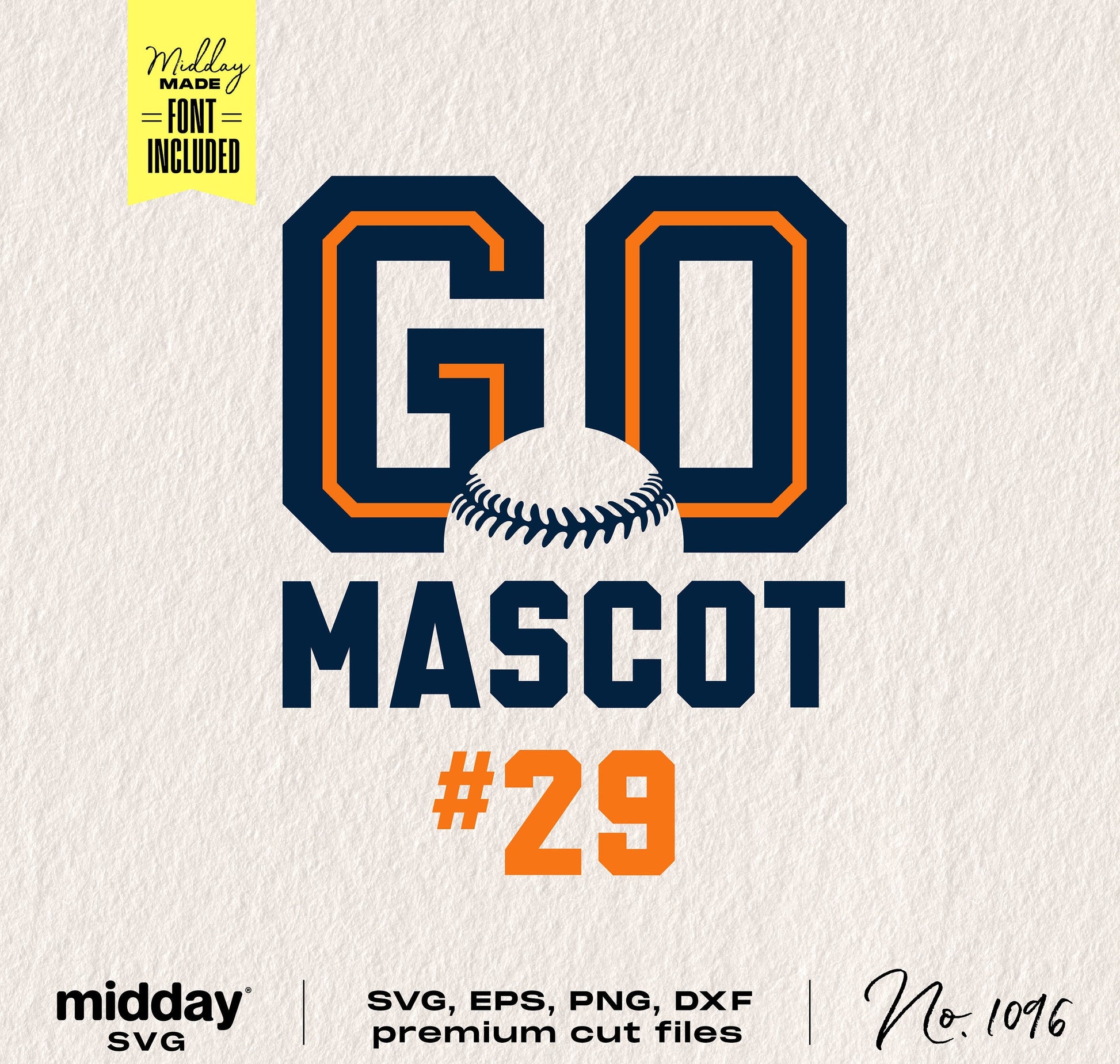 "GO MASCOT #29" in bold letters with a baseball, premium SVG, EPS, PNG, DXF files for team shirts and crafts.