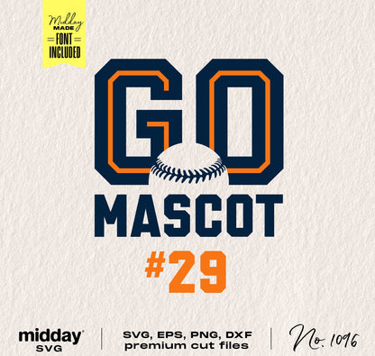 "GO MASCOT #29" in bold letters with a baseball, premium SVG, EPS, PNG, DXF files for team shirts and crafts.