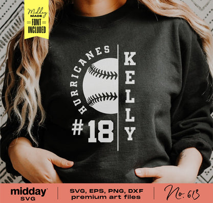 Softball team shirt with custom SVG design showcasing team name and player number, ideal for Cricut and Silhouette crafting.