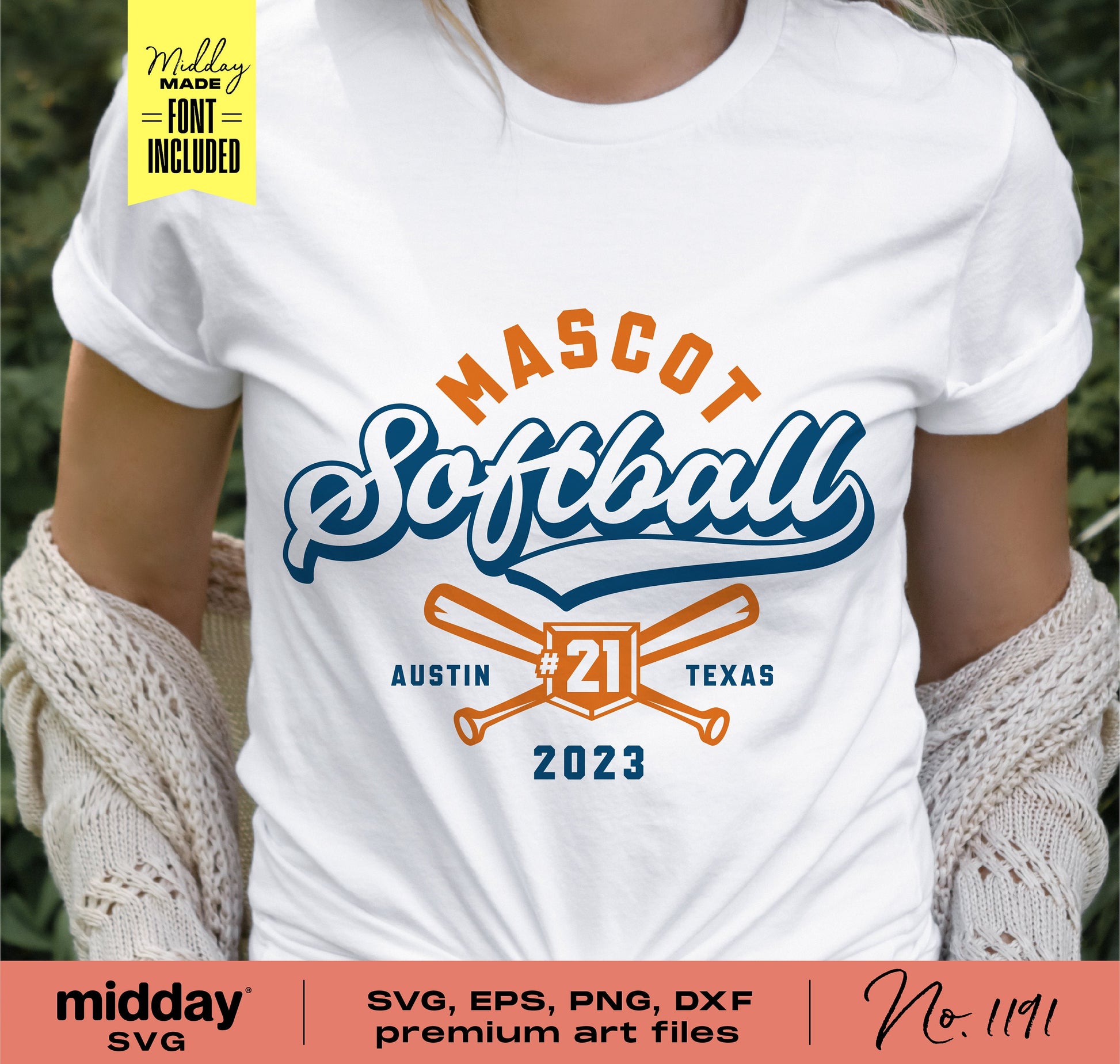 Person wearing a custom softball team shirt with Mascot logo and design template, includes SVG, PNG, DXF, EPS files for Cricut and Silhouette.