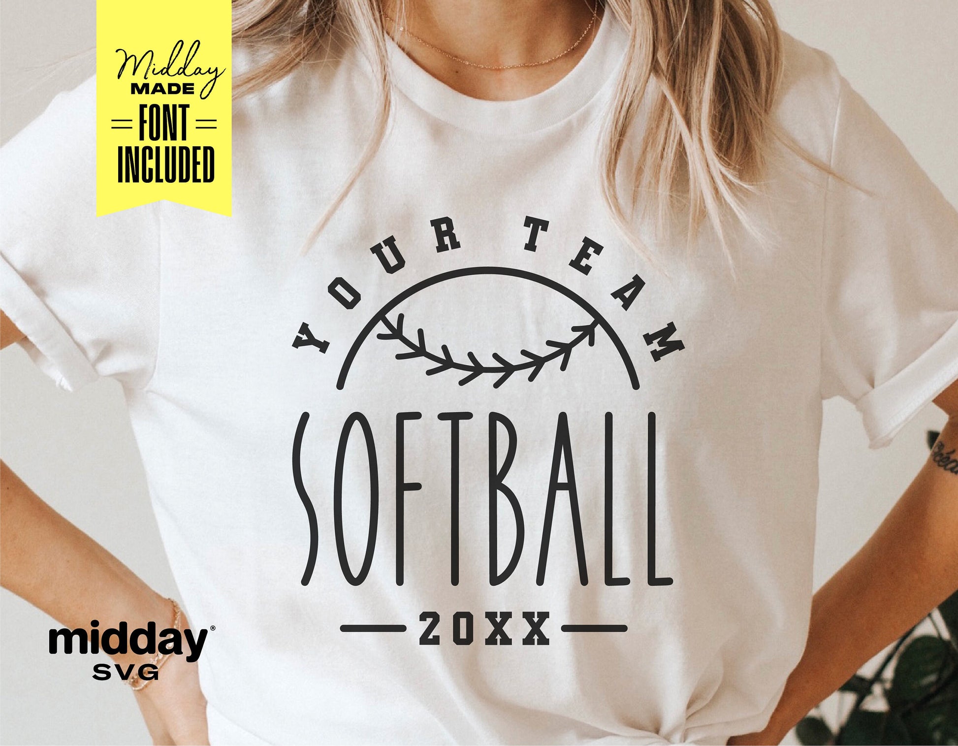 White t-shirt displaying customizable softball team SVG design with "Your Team" and "SOFTBALL 20XX" text, suitable for Cricut and Silhouette.