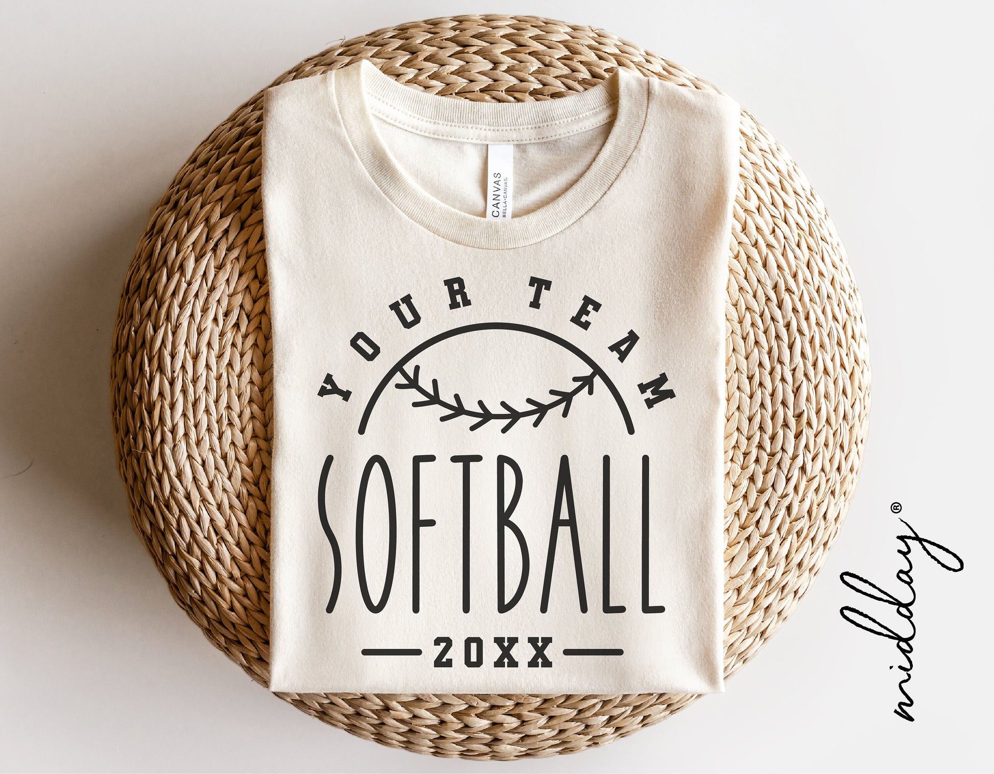 Softball team shirt design template with customizable text, featuring "Your Team Softball 20XX" graphic, ideal for Cricut and sublimation.