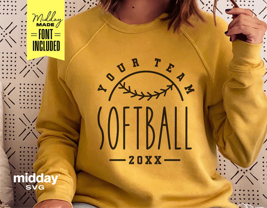Yellow softball sweatshirt featuring customizable team logo design for Cricut and Silhouette DIY projects.