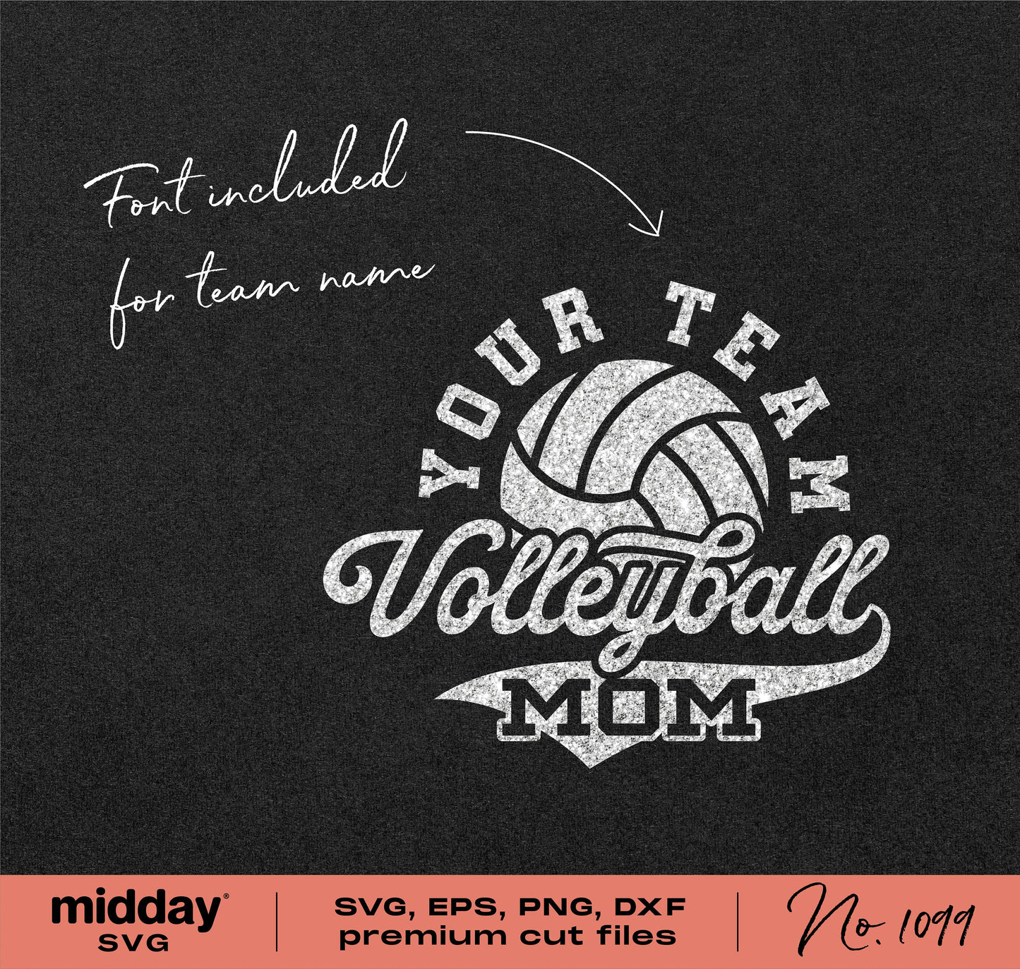 Volleyball Mom SVG design for shirts, featuring 'Your Team Volleyball Mom' text with premium cut files for Cricut and Silhouette.