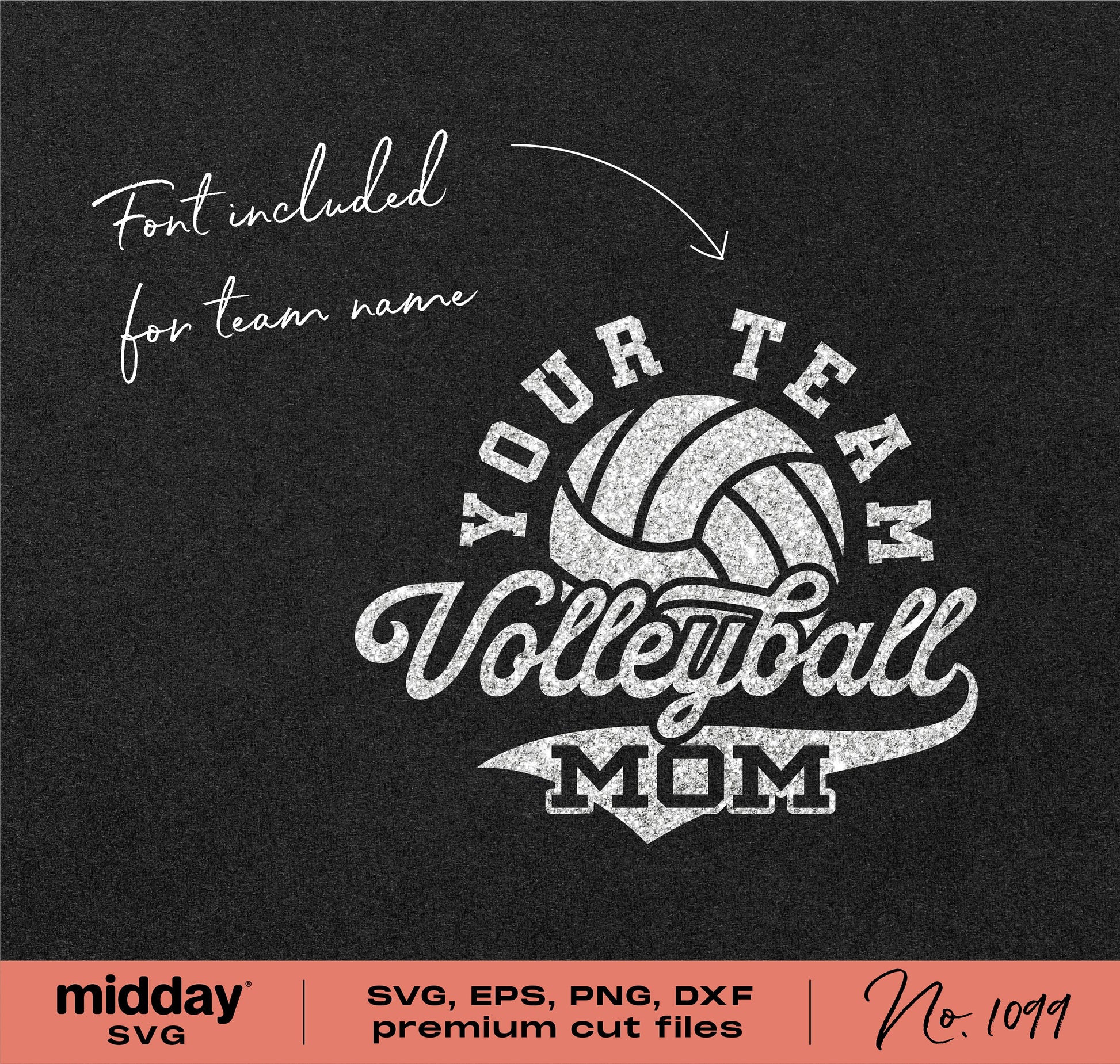 Volleyball Mom SVG design for shirts, featuring 'Your Team Volleyball Mom' text with premium cut files for Cricut and Silhouette.