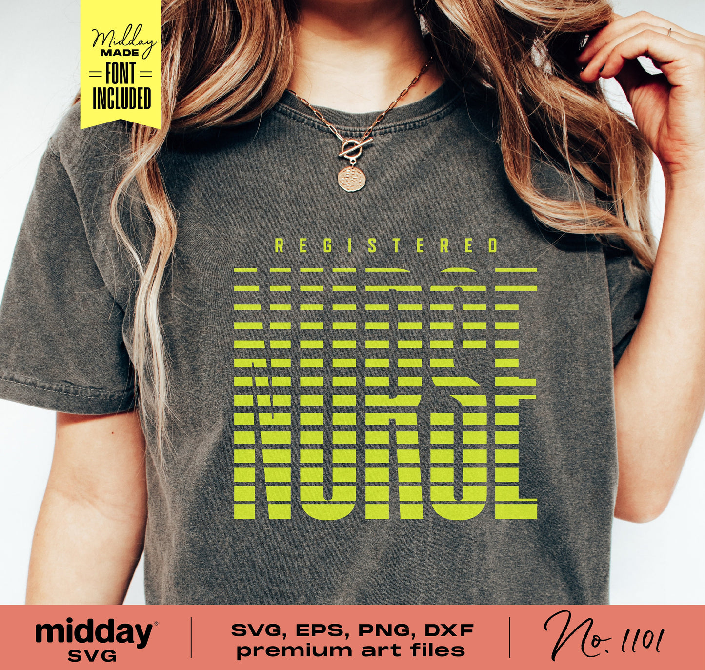 Registered Nurse SVG design on a t-shirt, includes SVG, EPS, PNG, and DXF formats for Cricut and Silhouette, perfect for crafts.