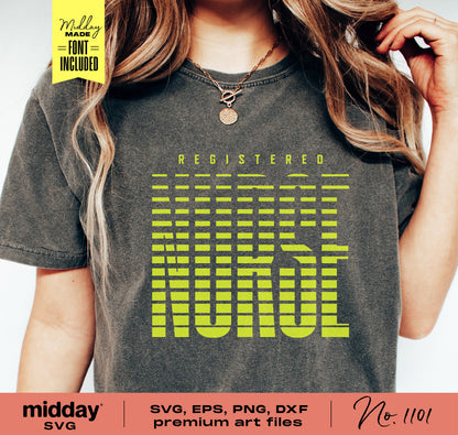 Registered Nurse SVG design on a t-shirt, includes SVG, EPS, PNG, and DXF formats for Cricut and Silhouette, perfect for crafts.