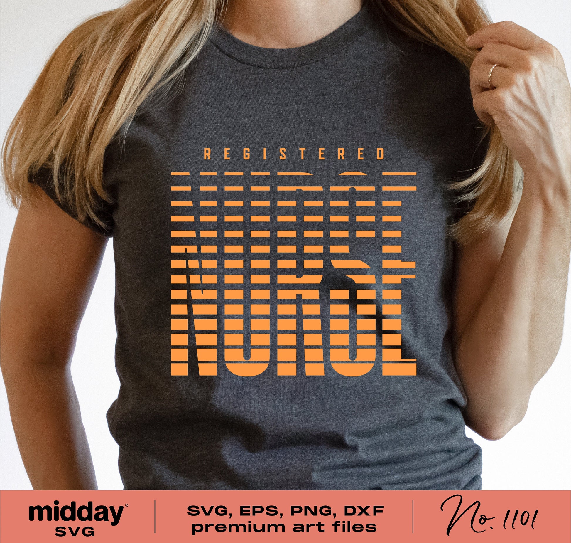 Person wearing a shirt with 'Registered Nurse' modern minimal design available as SVG, PNG, EPS, DXF for Cricut and Silhouette.