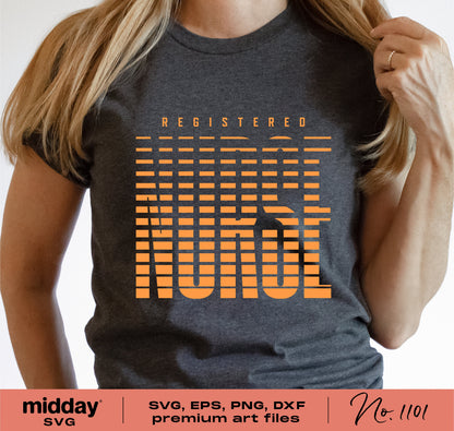 Person wearing a shirt with 'Registered Nurse' modern minimal design available as SVG, PNG, EPS, DXF for Cricut and Silhouette.