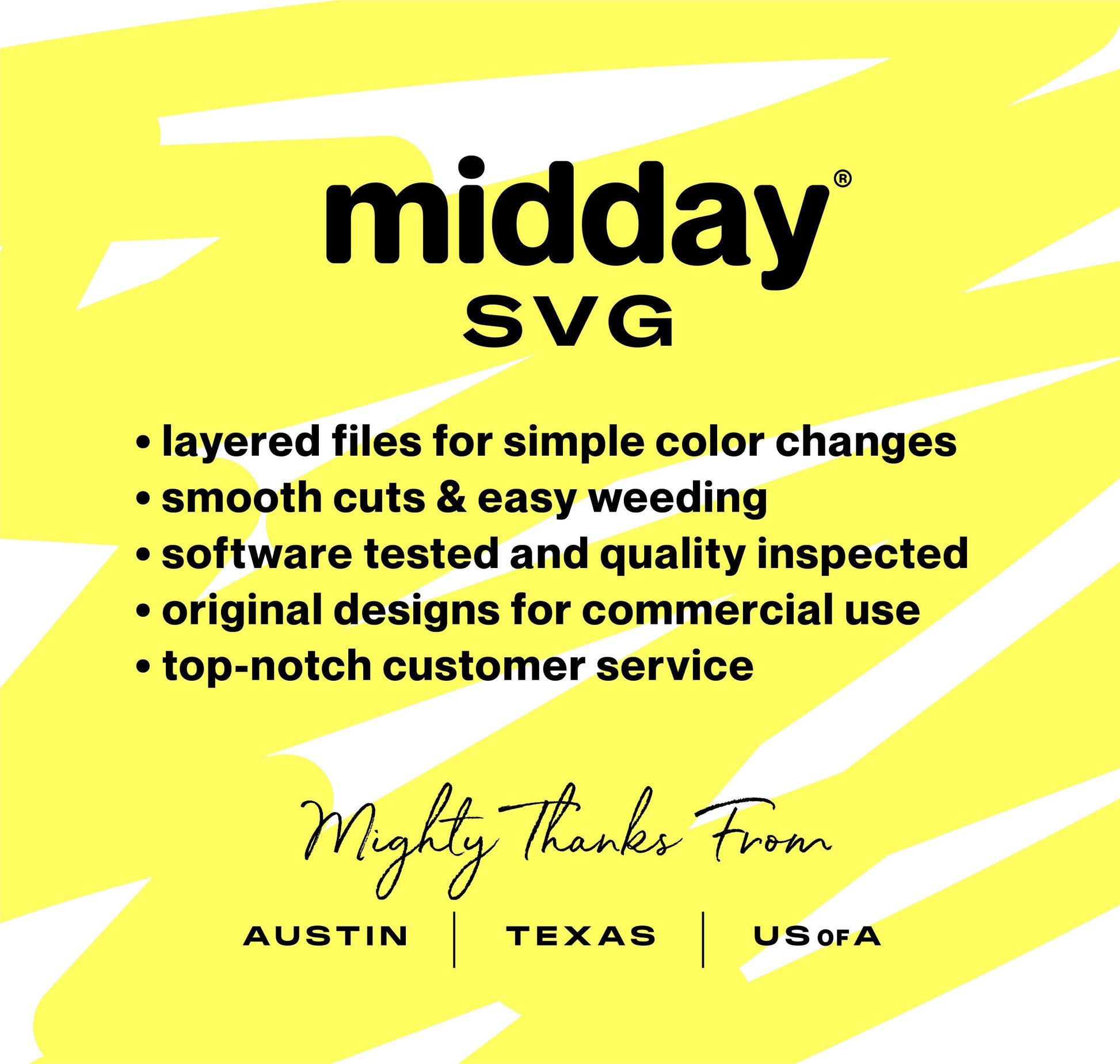 Midday SVG benefits listed on a bright yellow background for layered files, smooth cuts, software quality, original designs, and service.