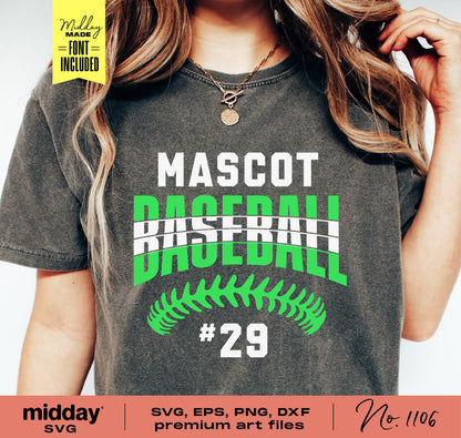 Customizable baseball team shirt design with the word 'Mascot Baseball' and number 29, ideal for Cricut and Silhouette crafting.