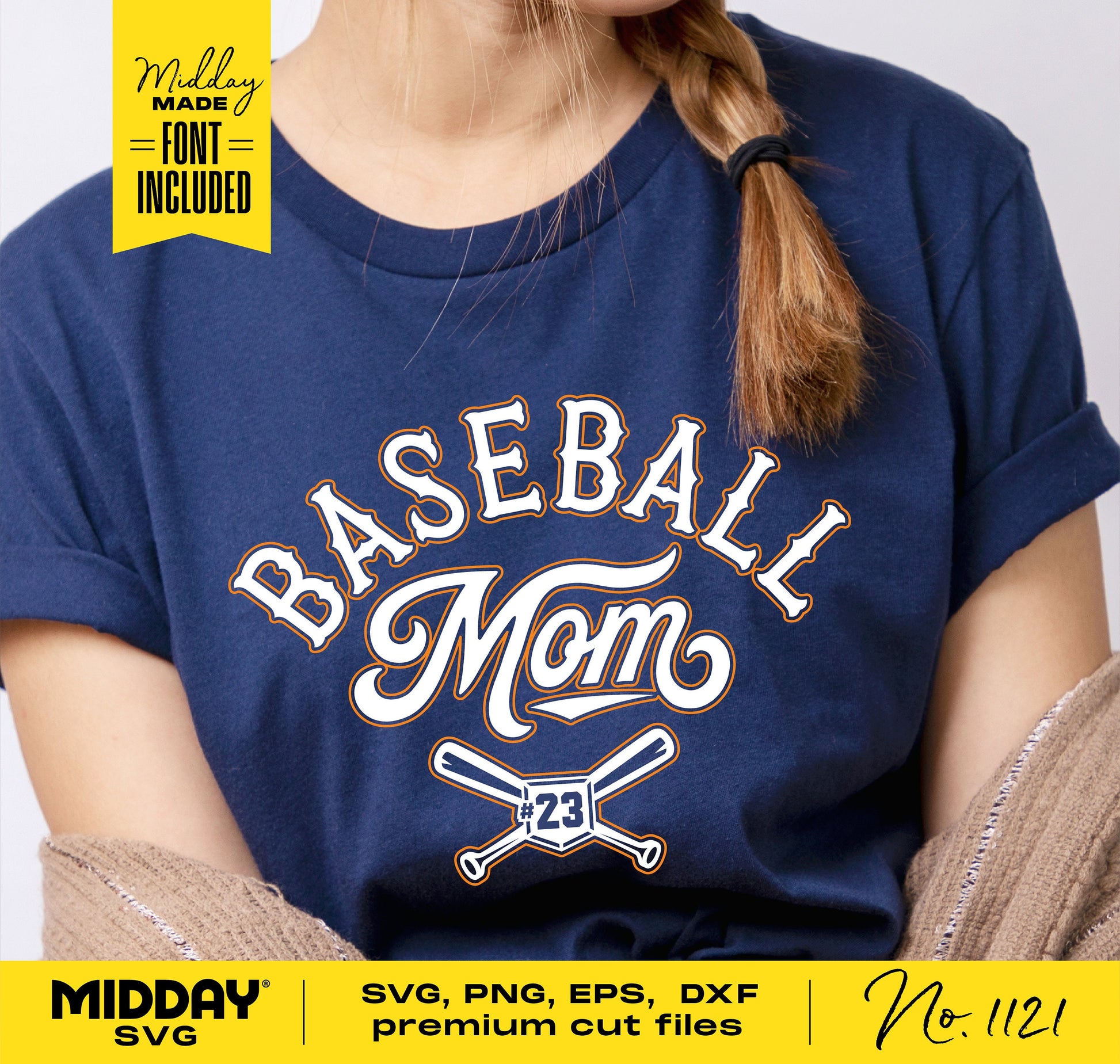 Blue shirt with 'Baseball Mom' graphic, crossed bats, and player number 23, suitable for Cricut and Silhouette crafting projects.