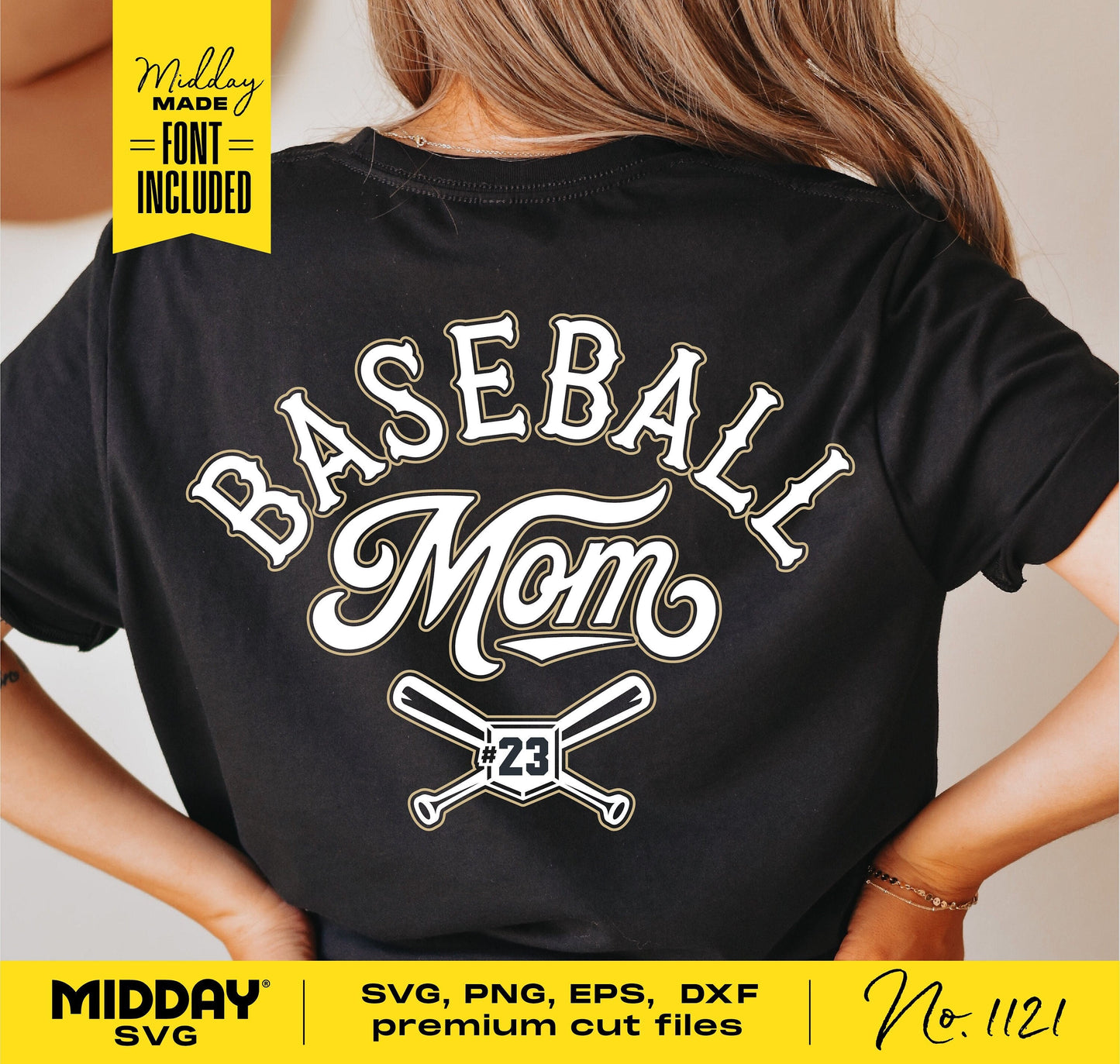 Woman wearing black "Baseball Mom" shirt with crossed bats and player number, showcasing SVG design for Cricut and Silhouette crafting.